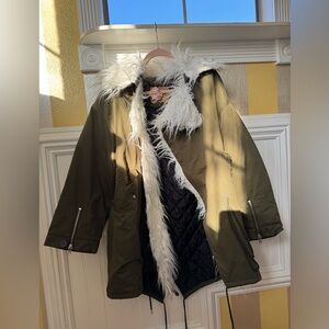 Olive Green Faux Fur Trimmed Women's Coat